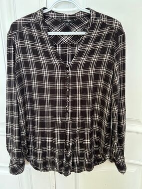 Lord & Taylor Black and White Plaid 1/2 Button-Front Shirt with Metallic Detail